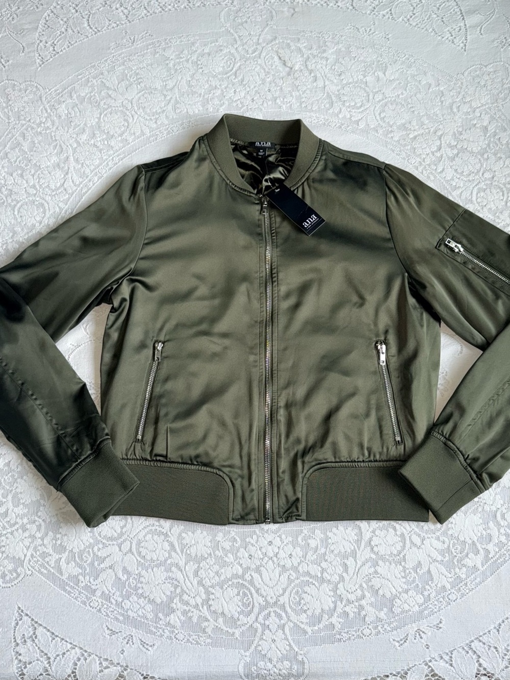 a.n.a Oregano Green Satin Bomber Jacket size medium